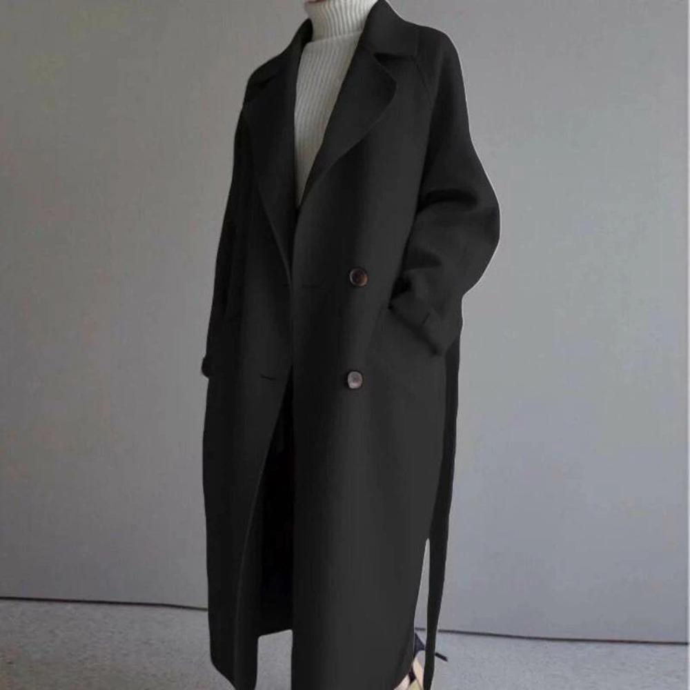 Women's Turn Down Collar Long Sleeve Wool Coat Loose Fit Straight Cut Belted Long Overcoat