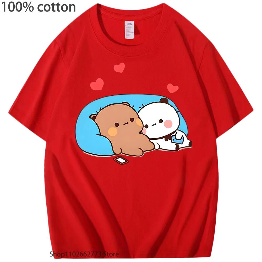 DuDu Bear and BuBu Panda’s Night Days Shirt Summer Clothes Women Kawaii Panda Bear Tshirts 100% Cotton Top Korean Styele Men
