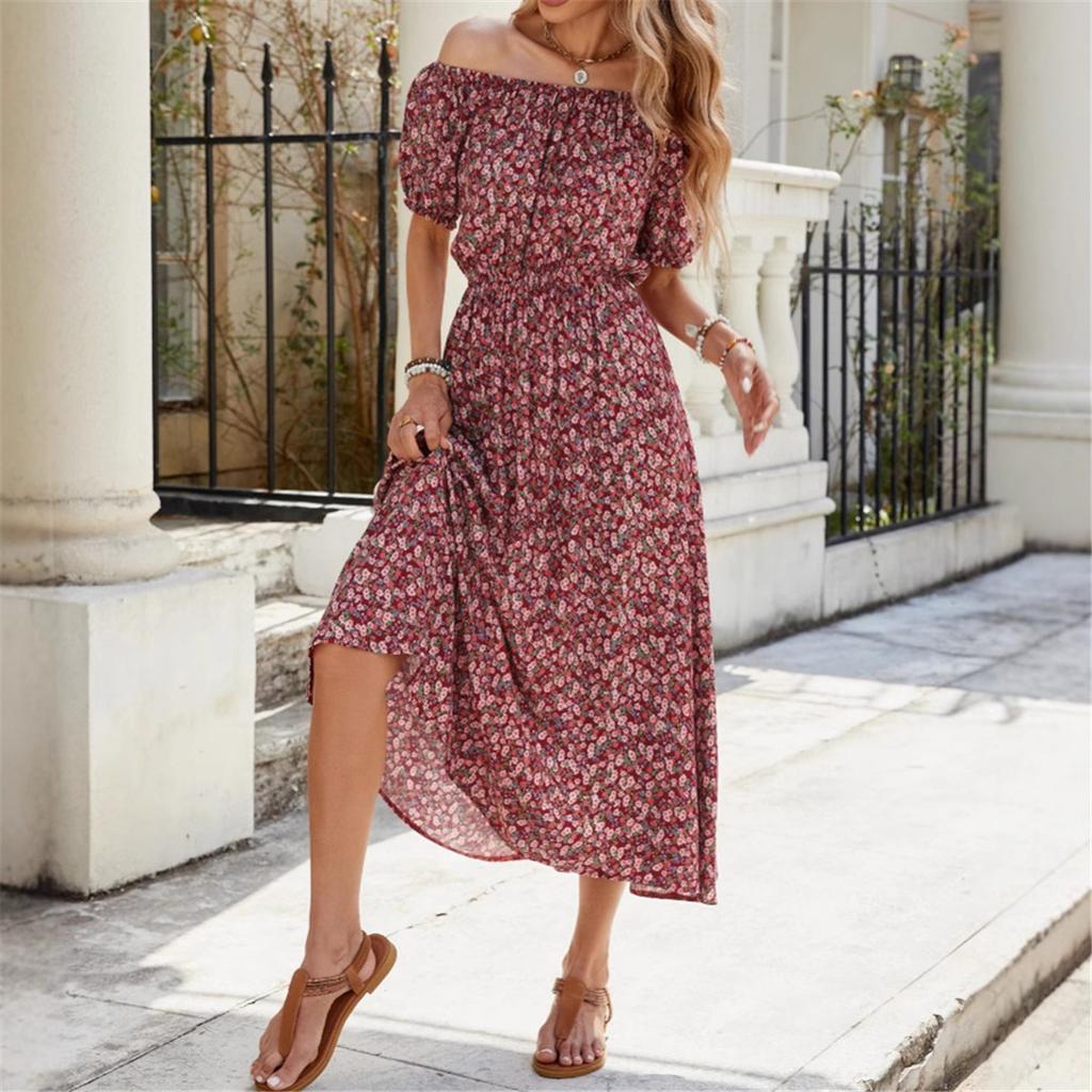 Summer New Floral One Shoulder Short Sleeve Dress Holiday Waisted Big Swing Dresses
