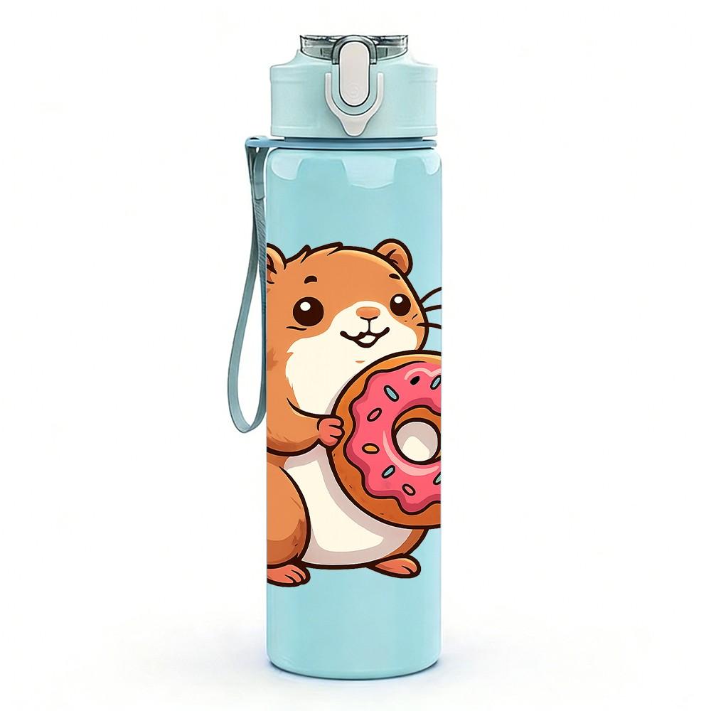 1PC Capybara Eat Donut Cute Pattern 750ml Color Plastic Sports Water Bottle Leakproof Flip Straw Lid Suitable for Sports Office Home Use