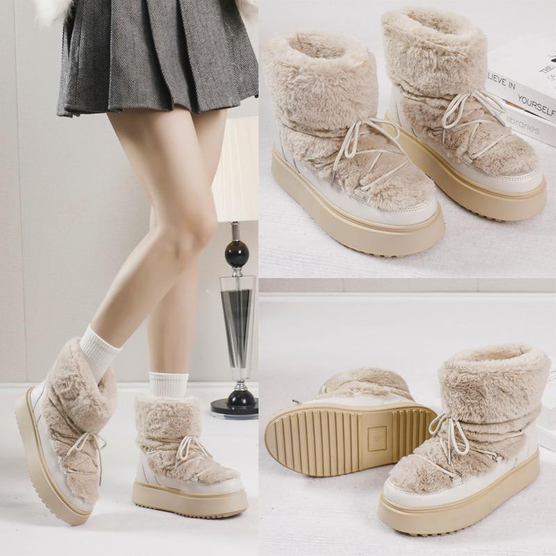 Women's fur one thick sole winter lightweight warm snow boots non-slip wear-resistant casual sneakers plush mid-top cotton boots space boots