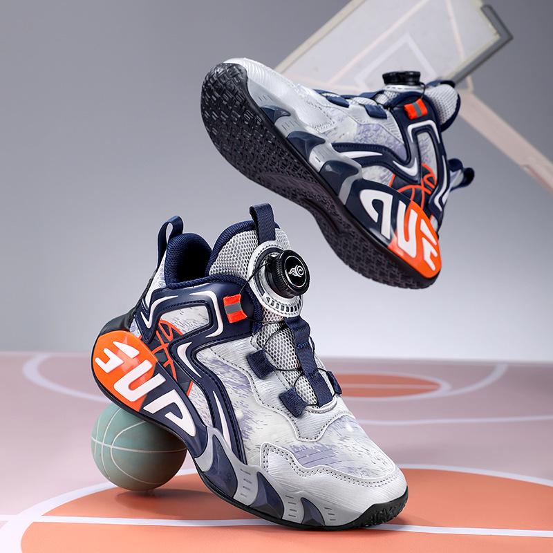 Boys' Waterproof Leather Basketball Shoes with Anti-Slip Sole and Rotating Button for Autumn and Winter