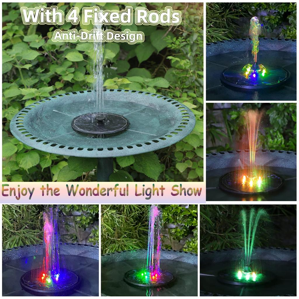 Solarbrunnen, 4 W, Vogelbad-Springbrunnenpumpe, verbesserter Springbrunnen mit Glasplatte und farbigen LED-Leuchten, 7 Düsen und 4 Halterungen