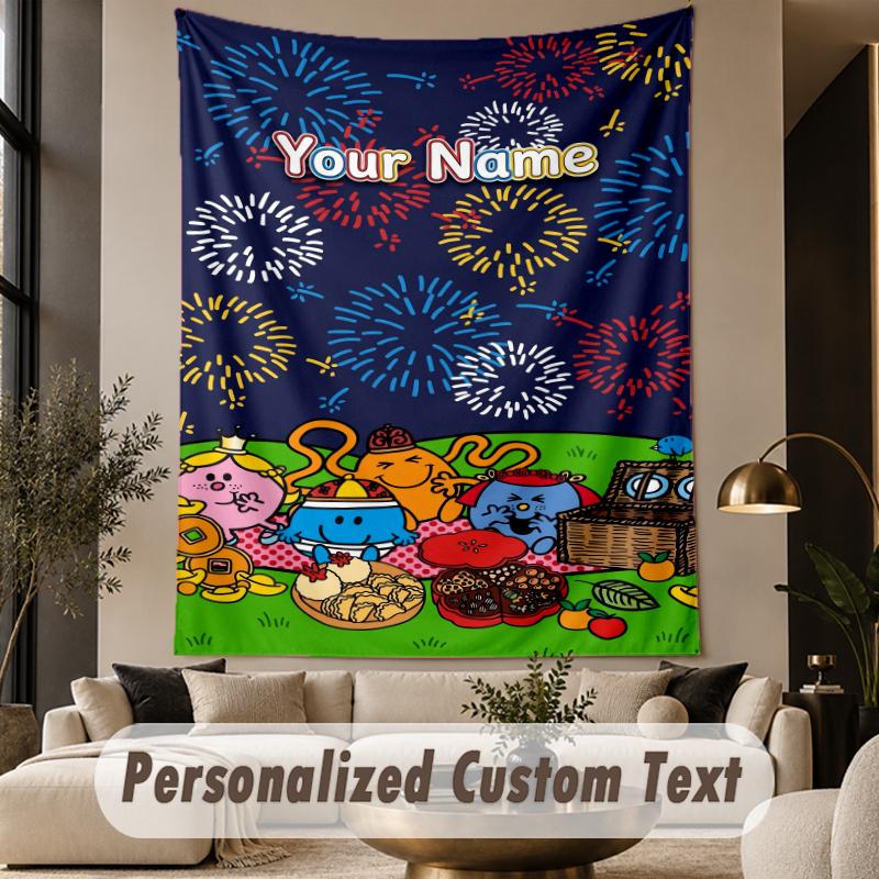 Custom Text Printed Tapestry Mr. Men & Little Miss Pattern Large Wall Hanging Indoor Room Decor
