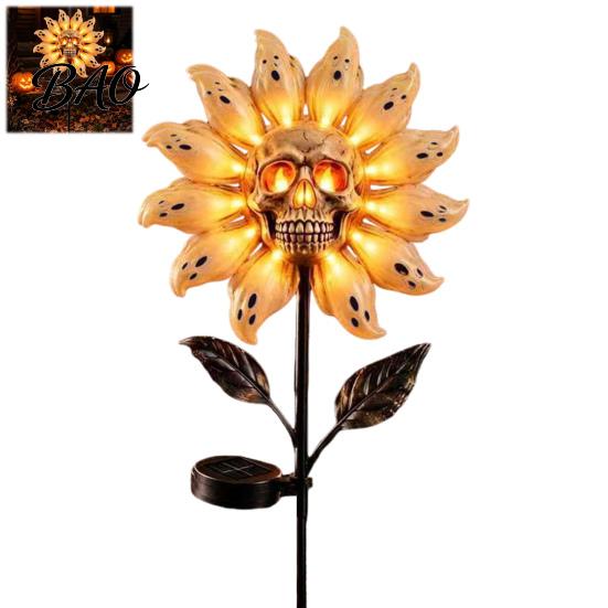 Unique Holiday Path Lighting for Patio Solar Powered Skull Sunflower Light, Waterproof Garden Stake Automatic Charging Scary Decor Halloween Yard Lawn