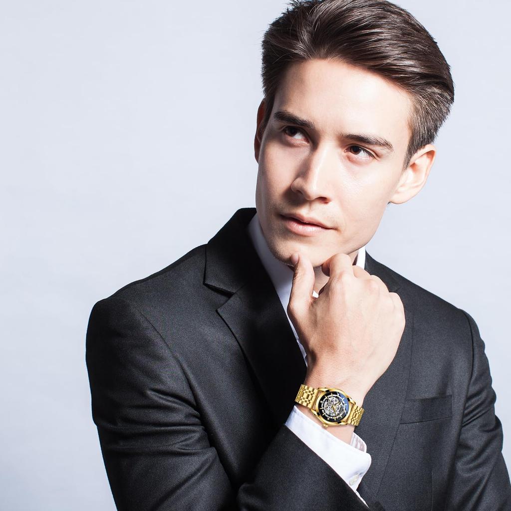 Men's Automatic Mechanical Watch 3ATM Waterproof Luminous Analog Display Stainless Steel Adjustable Belt Gold Fashion Accessory