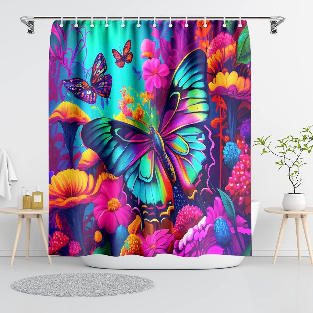 Black Shower Curtain Life Tree Sky Elephant Neon Fabric Plant Fantasy Art Bathroom Curtain For Women Bathtub Decoration