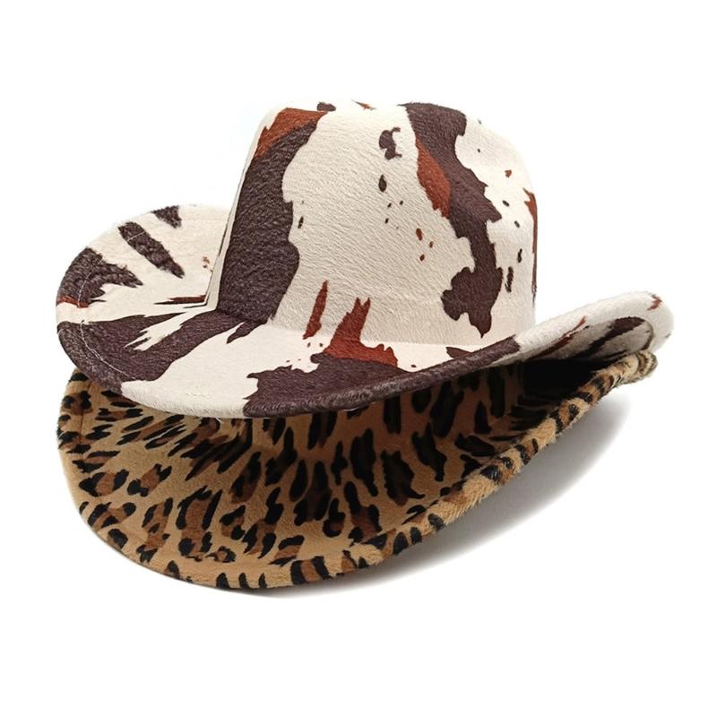 Elegante Cappello a Cilindro Stile Western con Ampia Falda Fedora con Fantasia Leopardata per Donne Uomini Unisex Copricapo Vintage per Feste