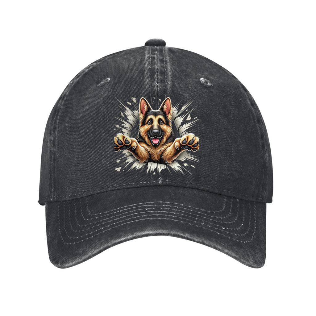 German Shepherd Bursting Through Graphic Baseball Cap Distressed Cotton Adjustable Casual Hat for Adults