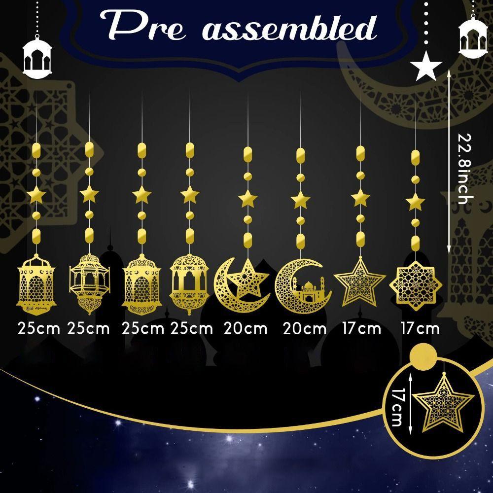 8Pcs Paper Garland Hanging Banner Pendant Star Moon Design Eid Mubarak Banner  Home Decor