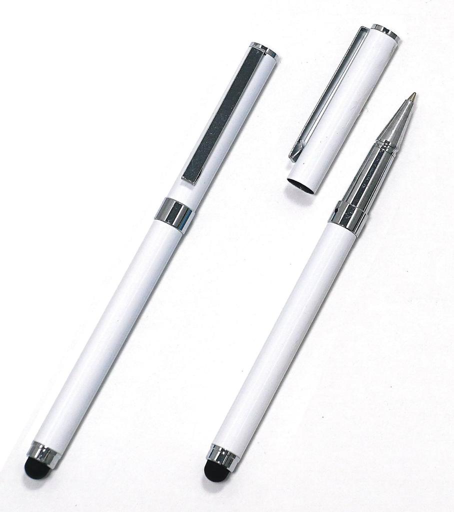 Black grained cowhide business card holder with smartphone touch and metal cap ballpoint pen extra set (white) MEIB-QSJW700-W