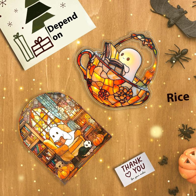 Halloween Ghost Reading Book Suncatcher Hanging Decor Acrylic Window Decor Colorful Shadow Home Decorations