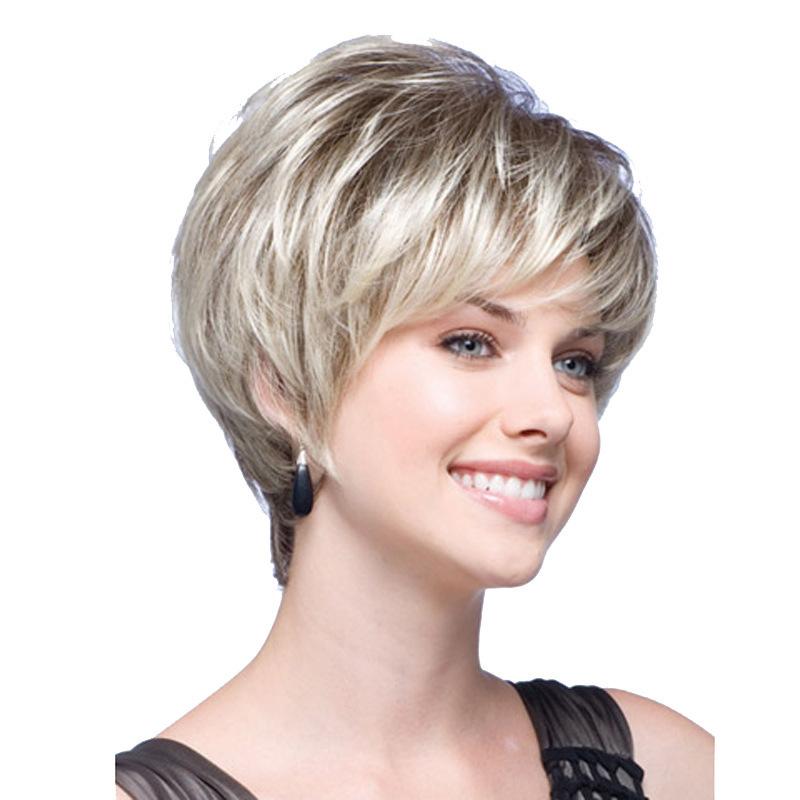 Perucas de cabelo curto com franja marrom escuro misto loiro pixie corte peruca para mulheres perucas de fibra sintética reta