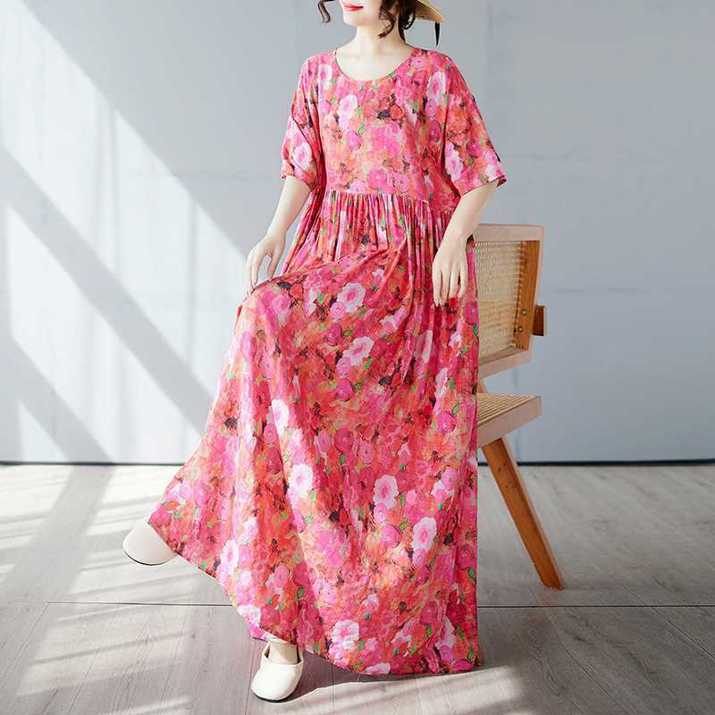Simple and Fashionable Long Skirt Summer Short Sleeved Round Neck Printed Dress