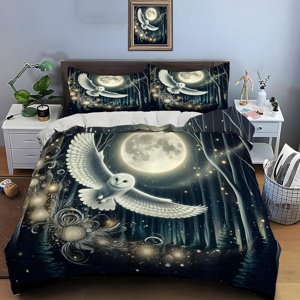 Flying White Owl In Moonlit Forest Print Bedding Set 1 Duvet Cover 2 Pillowcases For Adult And Children Luxury Gift Full Size