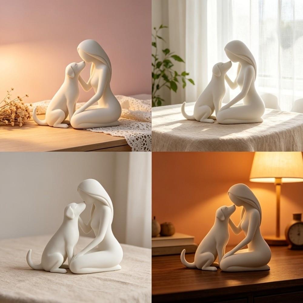 Minimalist Woman and Dog Friendship Sculpture 3D Printed Desktop Dog Statue  Living Room