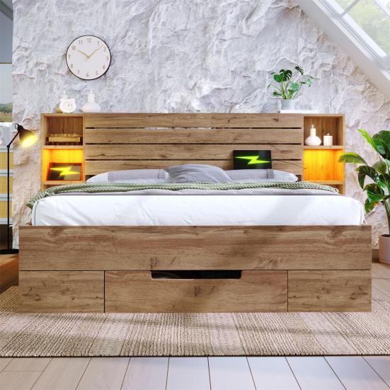 Double Bed High Durability Spacious Storage Space Sturdy Construction Built-in Charger Heavy Duty Strong Wood Slat Support Bed for