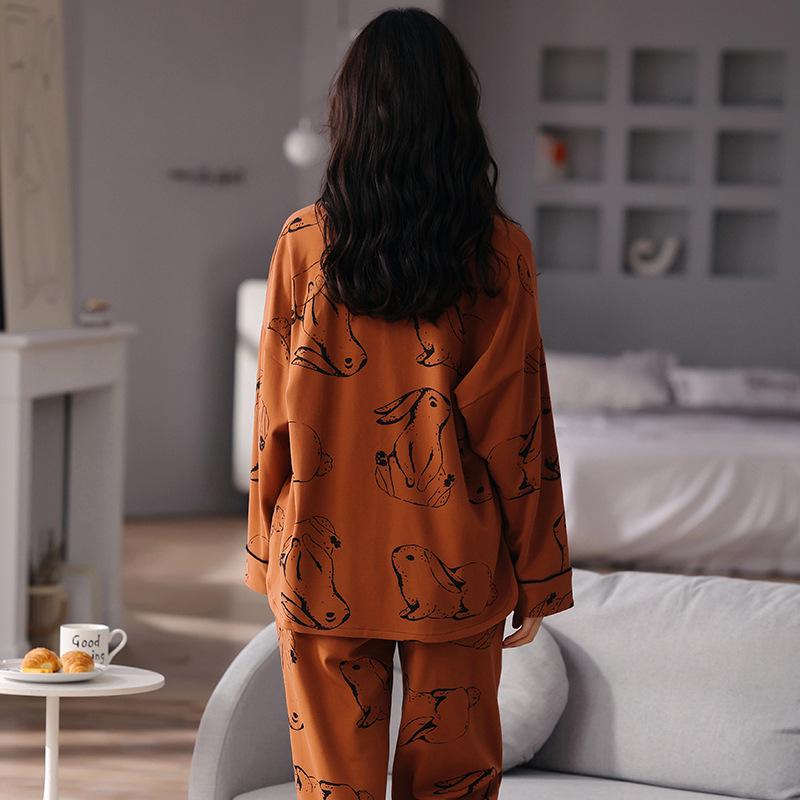 Women's Cute Cartoon Loose-Fit Pajamas Set - Pure Cotton Long Sleeve, Korean Style, Plus Size, Versatile for Indoor & Outdoor Wear.