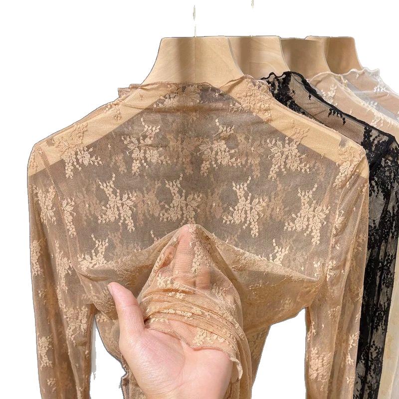Dámský základní top s krajkou a síťovinou, vysoký límec - Podzimní stylový průhledný gázový svetr, vnitřní vrstva