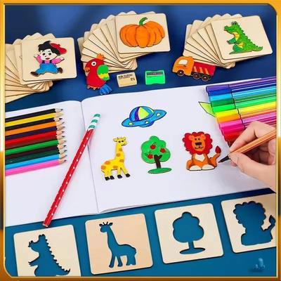 Zufällige 32 Stück Kinder Holz Zeichenspielzeug DIY Malvorlagen Schablone Bastelspielzeug Puzzle Lernspielzeug für Kinder Geschenke