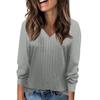 Women's Fashion Casual V-Neck Long Sleeve T-Shirt Solid Color Pullover Top