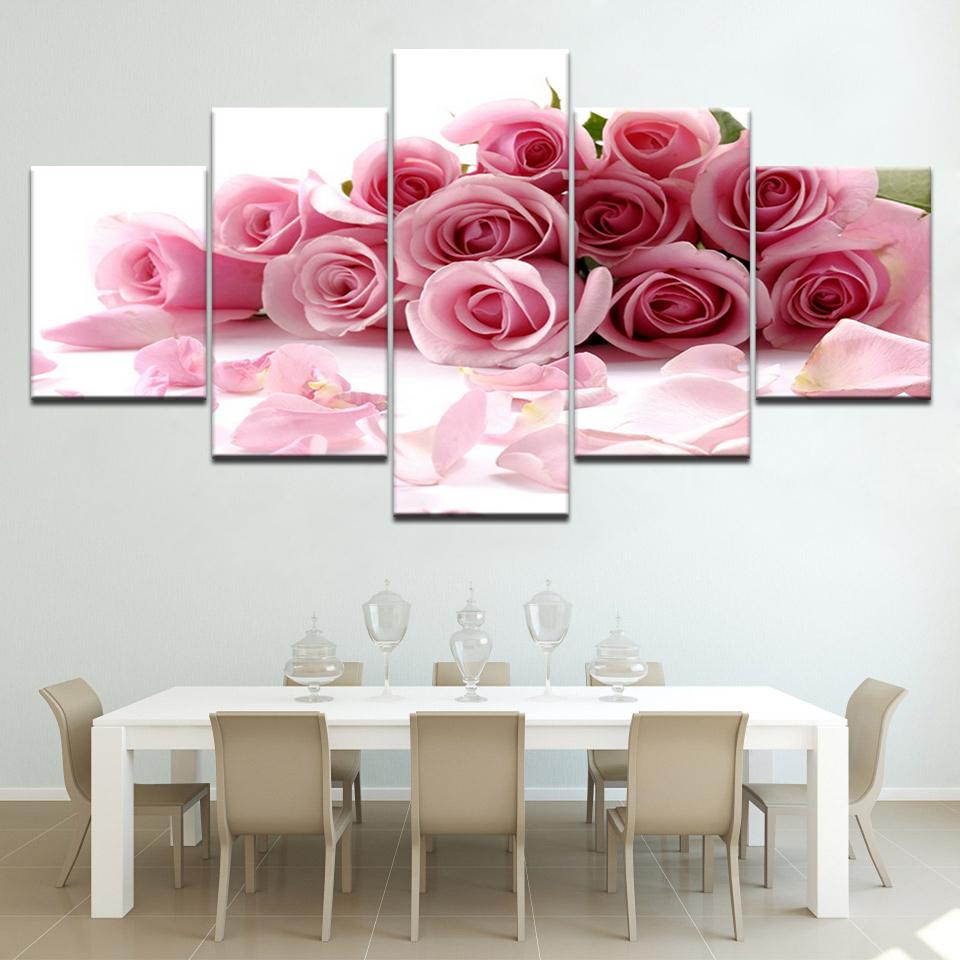 The pink rose flowers modern Modular 5 panel HD Print wall Poster Canvas art painting for Living Room Home Decor
