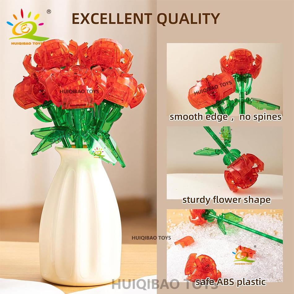 Non-Toxic Valentine'S Day Rose Flower Bouquet Building Blocks Set Artificial Flowers For Home Decor Crystal Rose Bricks Kits Toys