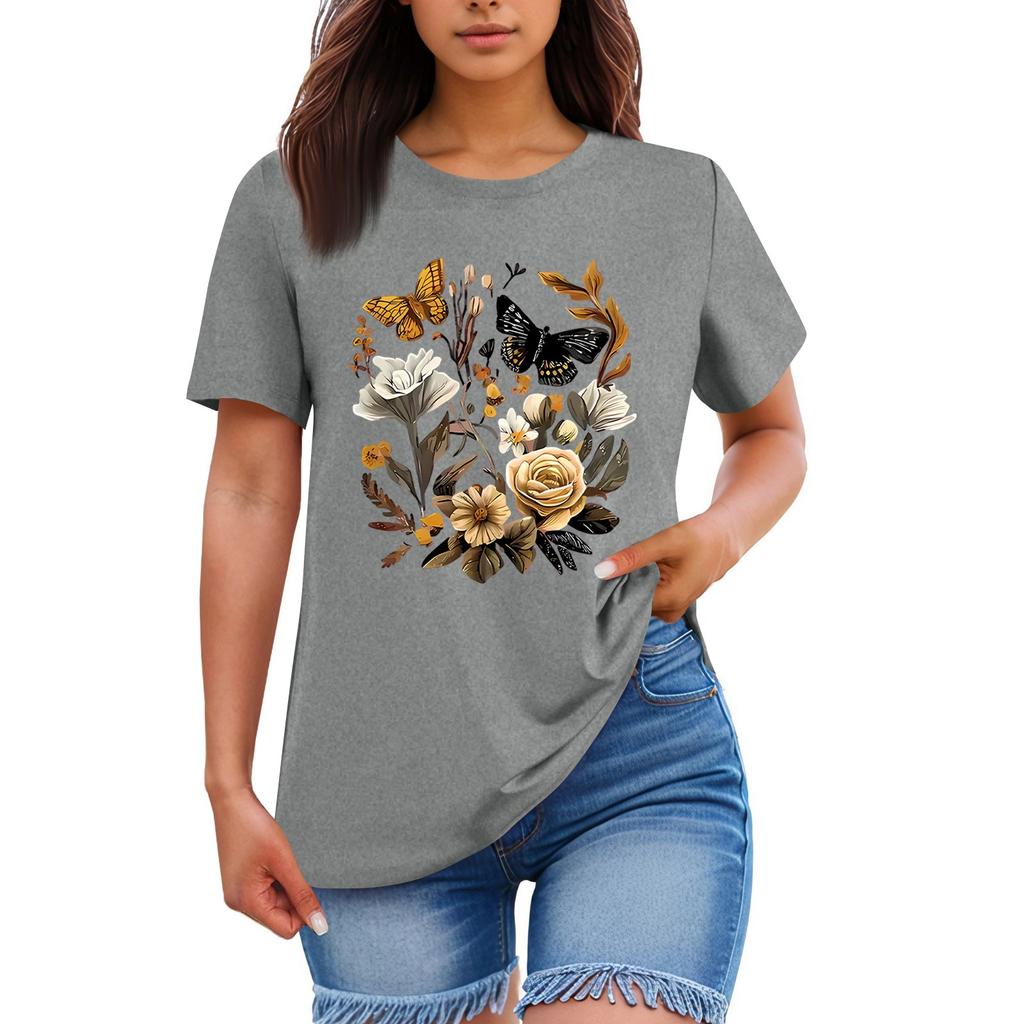 Ladies' Loose Comfortable Casual Fashionable Plant Flower Printed Round Neck Short Sleeved Shirt