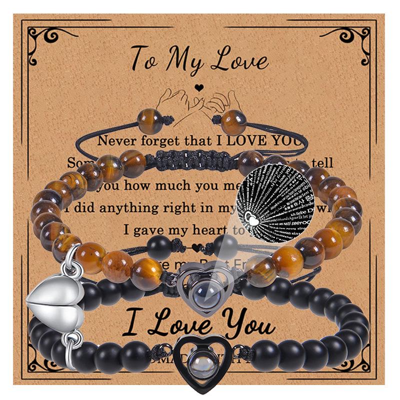 Bracciale con proiezione "Ti amo" in 100 lingue con pietra naturale smerigliata e turchese bianco per coppie