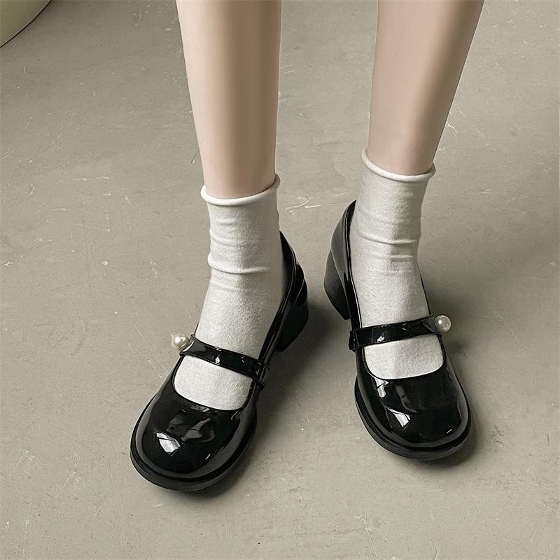 Fashion Elegant Solid Black Patent Leather Mary Jane Shoes Women 2025 Autumn Luxury Pearl High Heel Pumps Fashion Dress Party Shoes