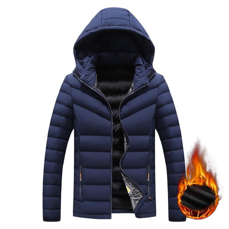 Rib Clothing Cotton Jacket Men's Winter Solid Color Slim Fit Removable Hat Trendy Plush Thickened Top Jacket Men