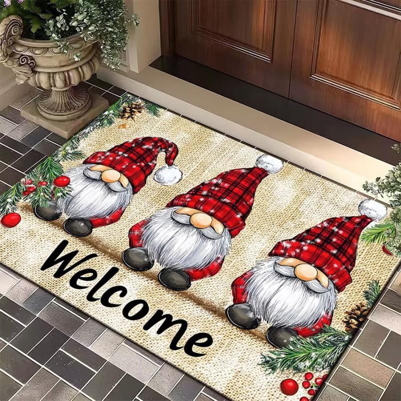 Christmas Gnome Floor Mat Entryway Bathroom Non-Slip Door Cartoon Snowflake Design Crystal Velvet Washable