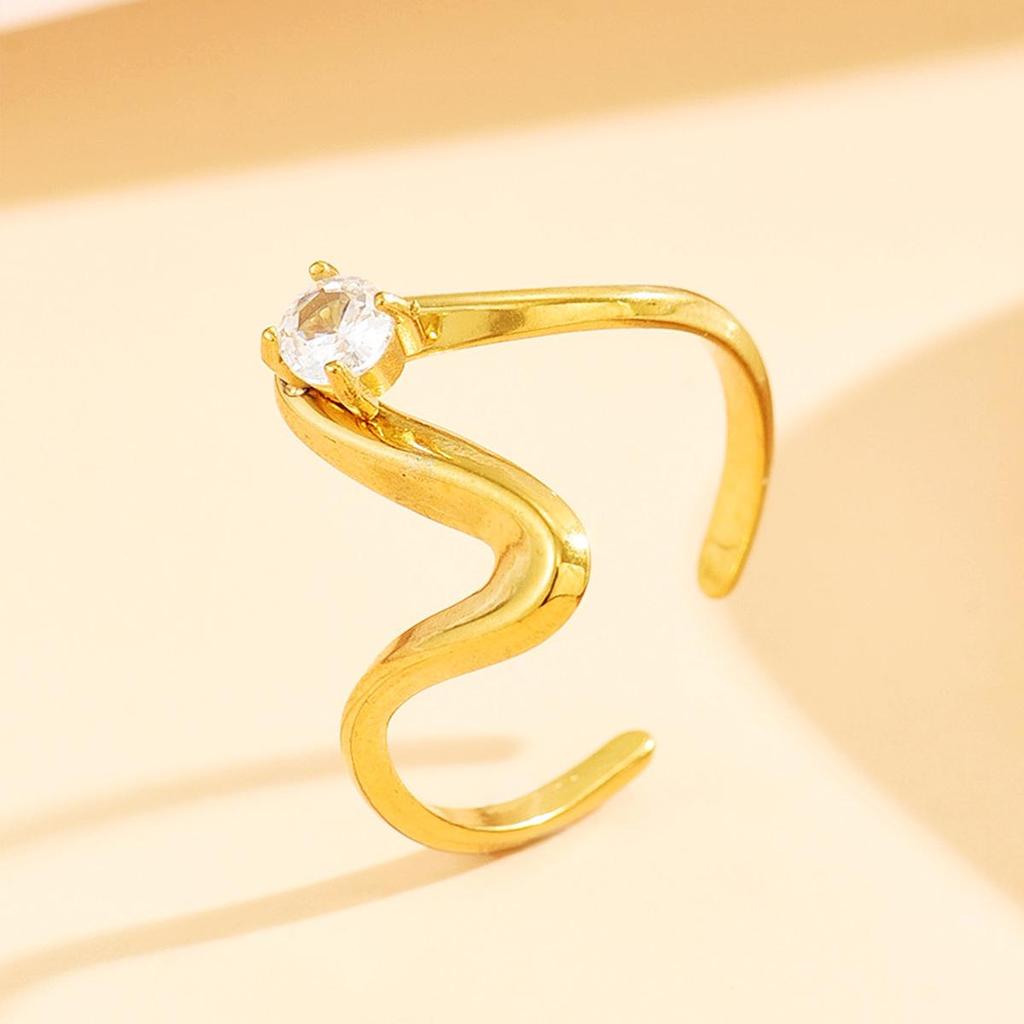 Minimalist Geometric Line Ring: Stainless Steel with Inlaid Zircon Diamond for Women