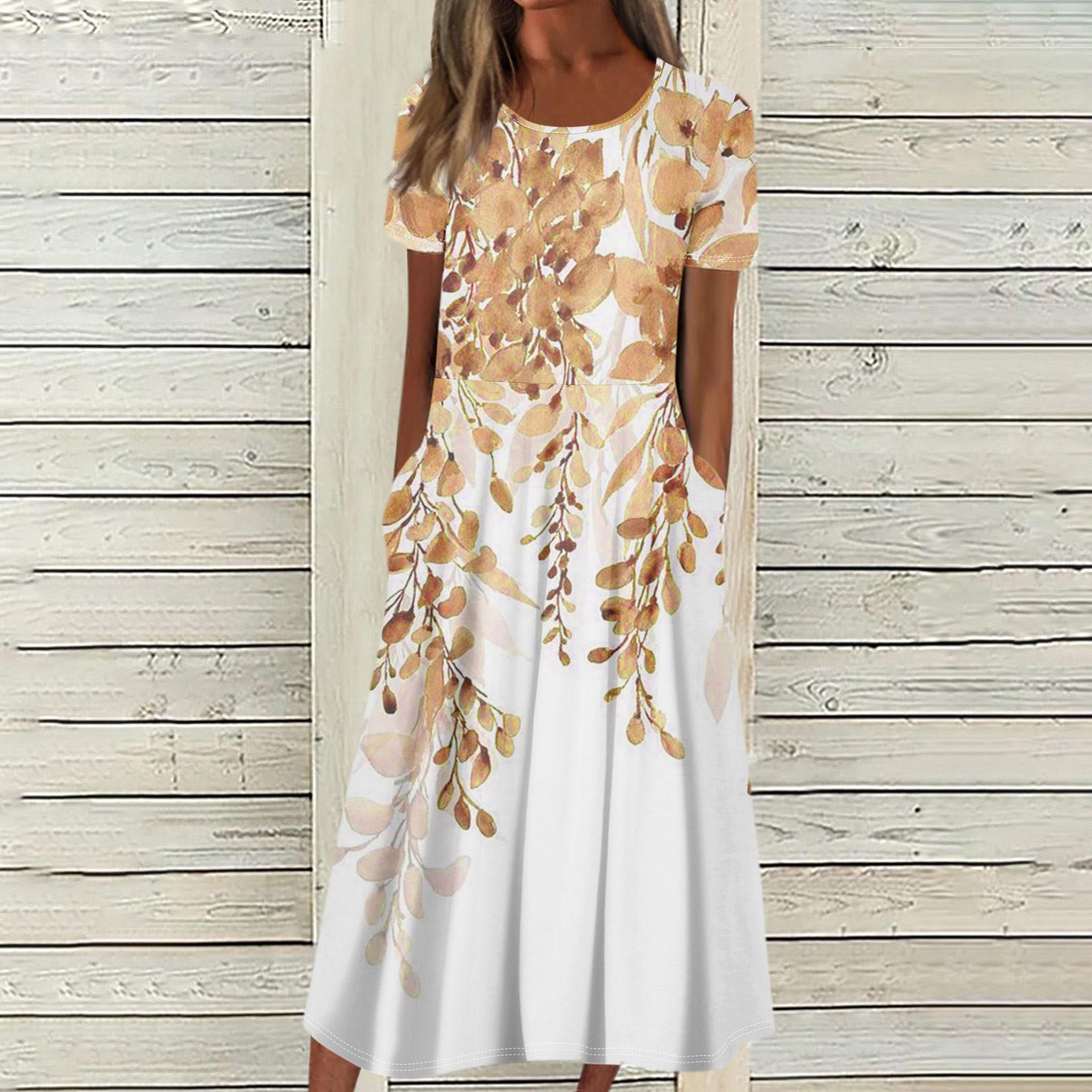 Женское летнее повседневное модное платье с коротким рукавом и карманом с круглым вырезом — фото 10