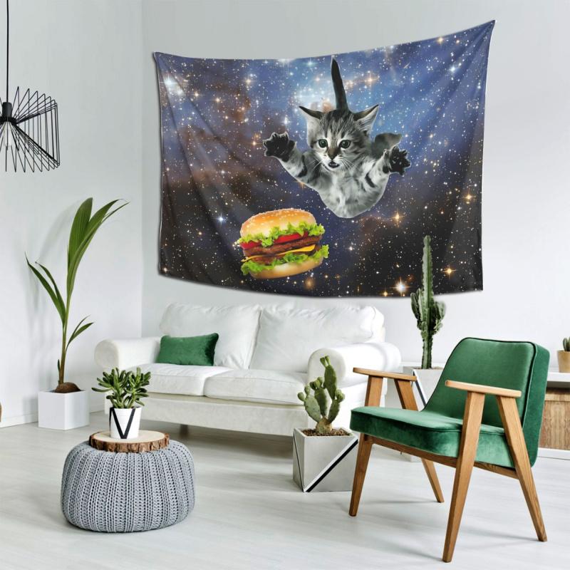 VIKAMA Weltraumburger-Katzen-Wandteppich-Meme-Design – Perfekt für humorvolle Dekoration, Schlafzimmerwandgestaltung und Fotohintergründe