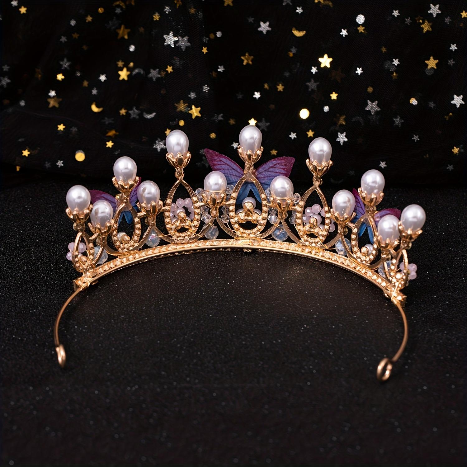 

1pc Super Fairy Bride Headdress Handmade Pearl Butterfly Princess Hair Band Party Prom Queen Crown Hair Accessories золотистий