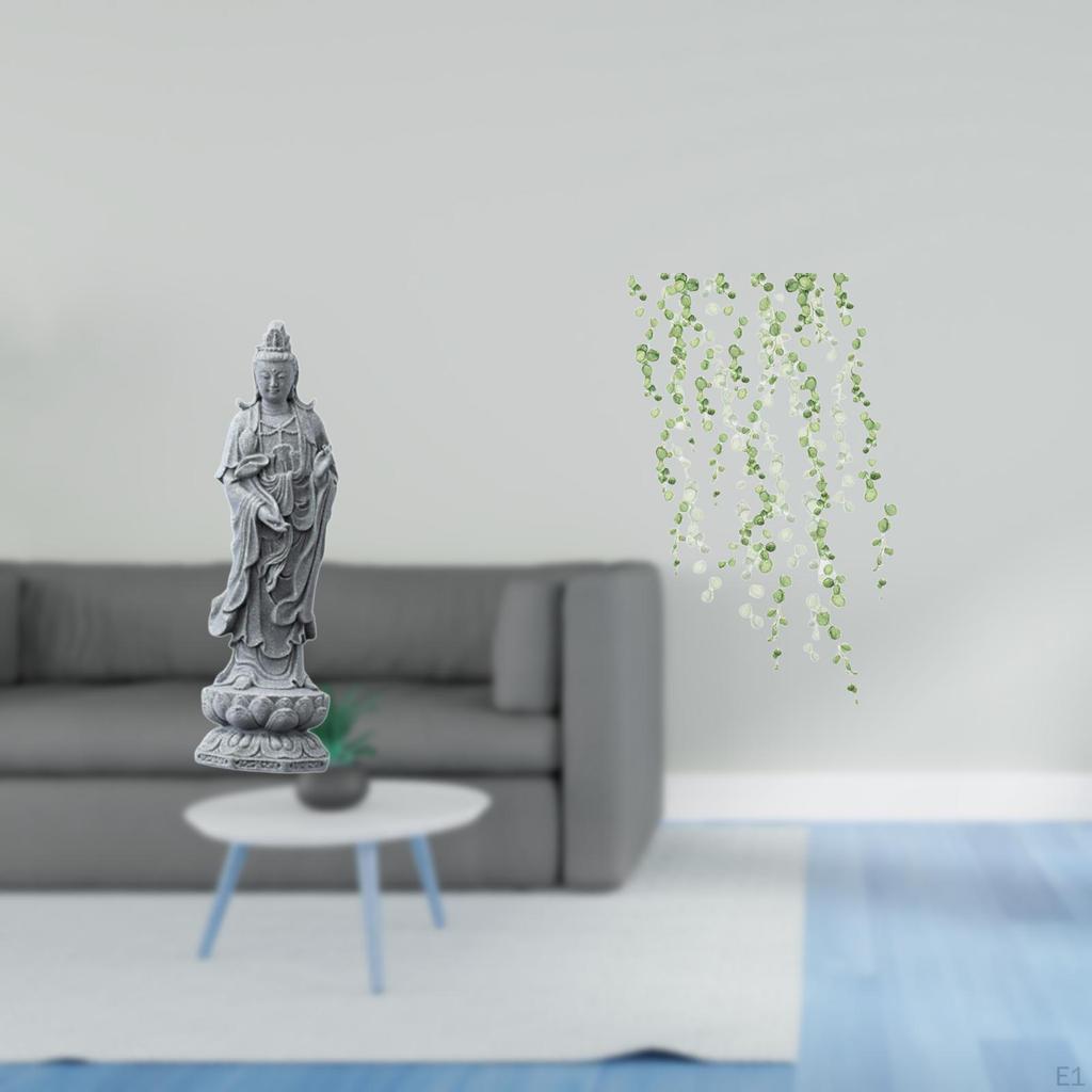 Guan Yin Figurine Sculpture Ornament with Hanging Vines Wall Sticker Green Plant Leaves Elegant Art
