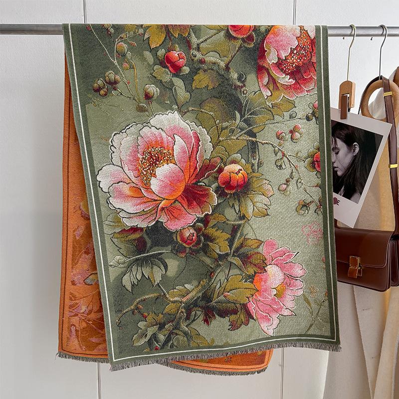 Autumn And Winter National Style Plants And Flowers Landscape Painting Elegant Women Warm Scarf Fashion Retro Shawl