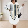 Women Plus Size V Neck Long Sleeve American Flag Printed Loose Curved Hem Dress
