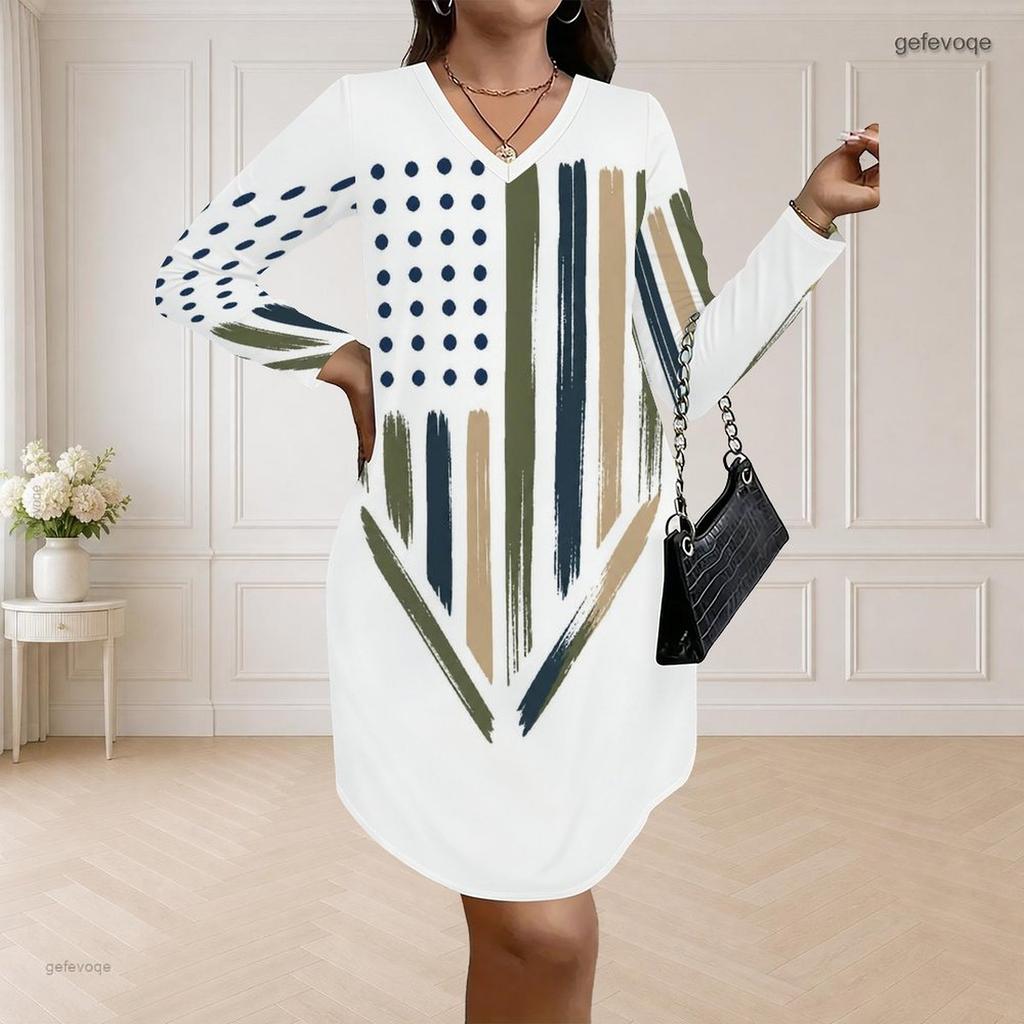 Women Plus Size V Neck Long Sleeve American Flag Printed Loose Curved Hem Dress