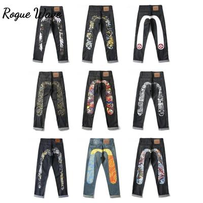 RogueWave New Japanese Hipster Retro Hip-hop Fashion Print Jeans High Street Leisure Slim Straight Embroidery Y2k Print Stitching Trousers