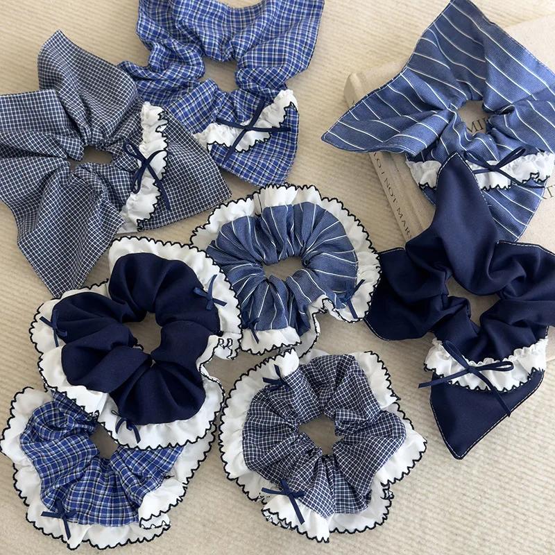 Retro Blue Checkered Hair Ties Fabric Webbing Bow Square Headbands Womens Temperament Head Rope Female Party Accessories Fashion