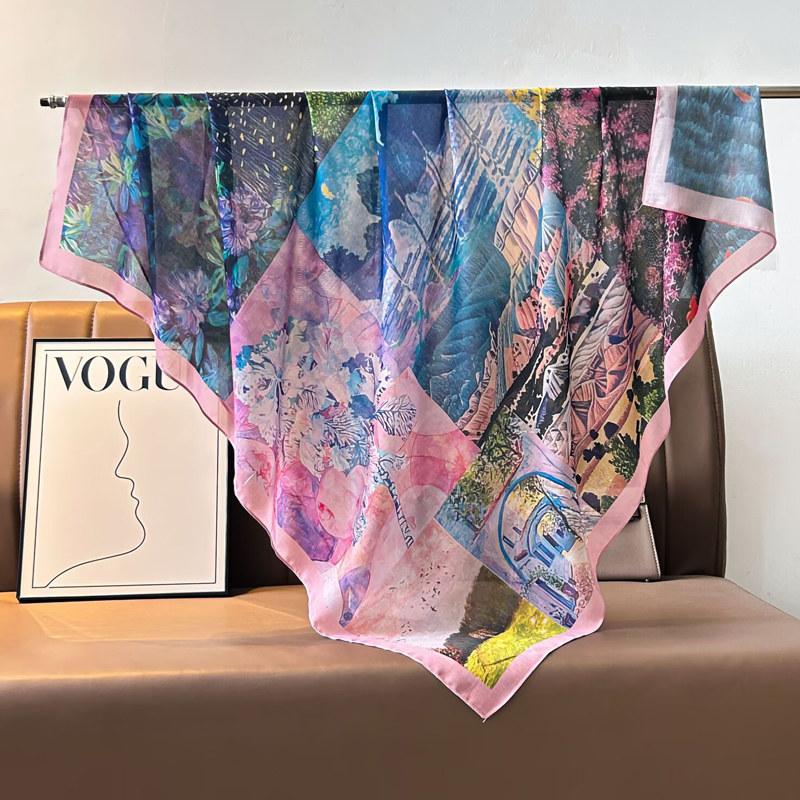 French retro ethnic style 111 imitation silk scarf large square scarf with shawl beach towel for women in spring and autumn