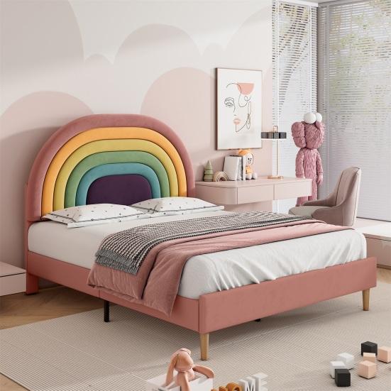 Teen Bed with Height-Adjustable Rainbow Headboard Ergonomic Design Strong Load Bearing Easy To Assemble Youth Bed Home Furniture