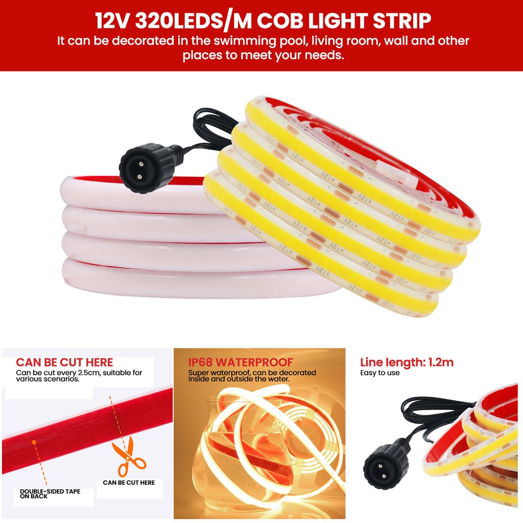 IP68 Waterproof Solar COB LED Strip Light 12V Dimmable Flexible Tape with Remote for Indoor Outdoor Decor