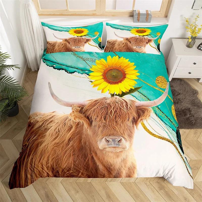 Hochlandrind Bettbezug Bulle Sonnenblume Kuh Bettwäscheset Queen Für Jungen Männer Mikrofaser Wildtiere Bauernhaus Tier Bettdeckenbezug