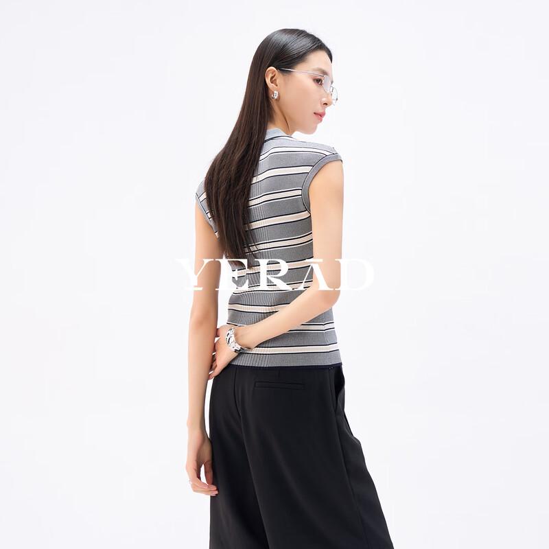 Top de Punto Rayado Elegante Sencillo con Cuello Polo para Mujer YERAD
