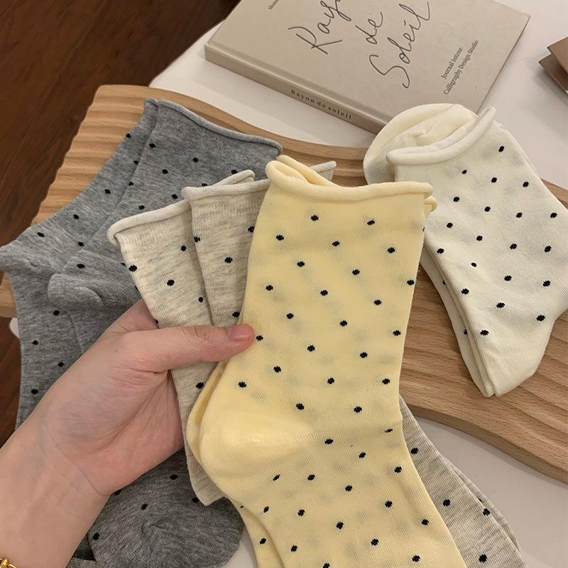 Women's Retro Polka Dot Mid-Calf Cotton Socks with Rolled Cuff