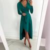 women's Solid Color Satin Wrap V Neck Long Sleeve Ruched High Slit Irregular Hem Maxi Dress Party Evening Dress