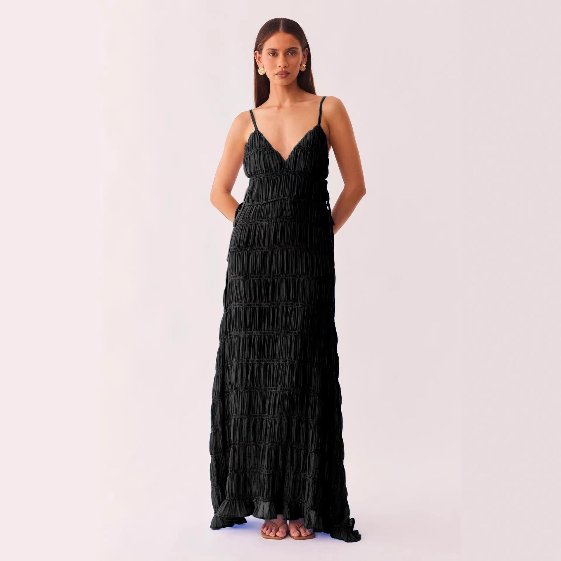 

V-neck sexy backless lace-up solid color suspender skirt splicing slim fit elegant and thin dress XL чорний